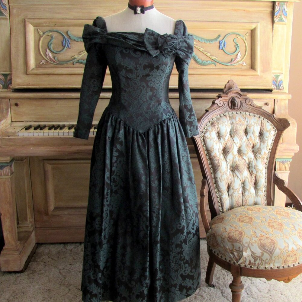 JESSICA McCLINTOCK BROCADE DRESS, 6, DARK GREEN OFF-SHOULDER ROMANTIC VINTAGE - Picture 8 of 13